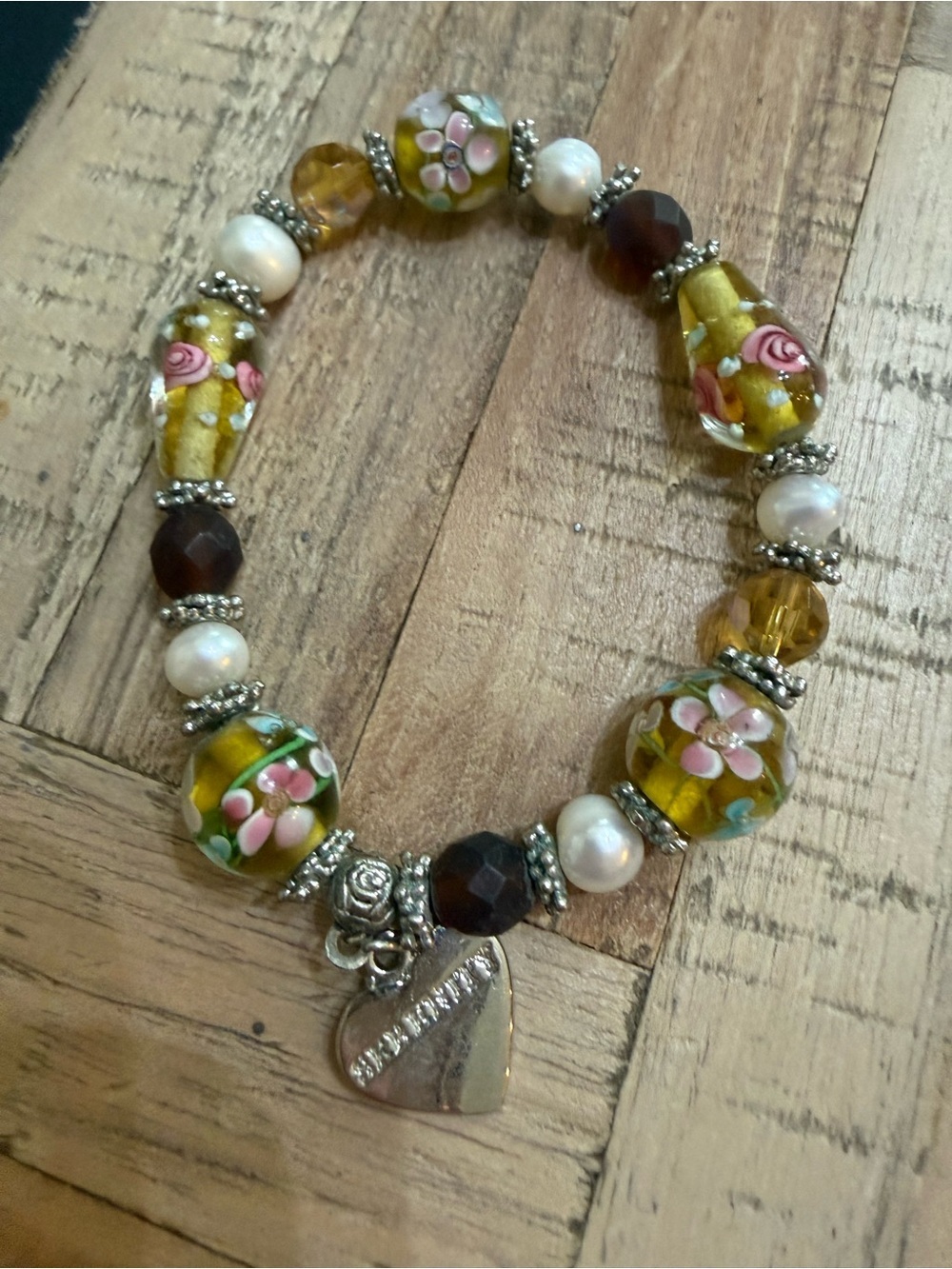 Vintage-Style "Serenity" Lampwork Floral Glass Bead & Pearl Stretch Bracelet